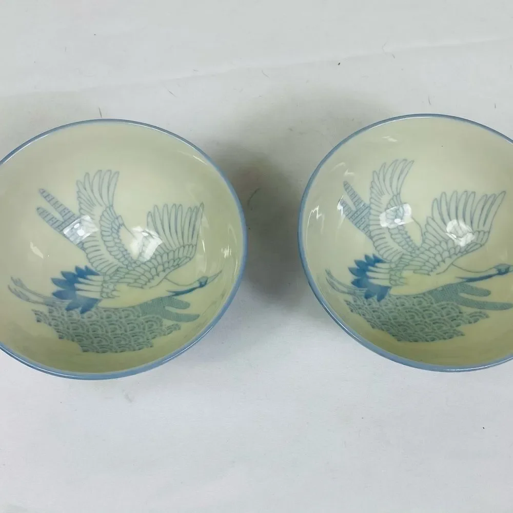 2 Mino Wear Japanese Ceramic Rice Bowls (2 ) Flying Blue Crane